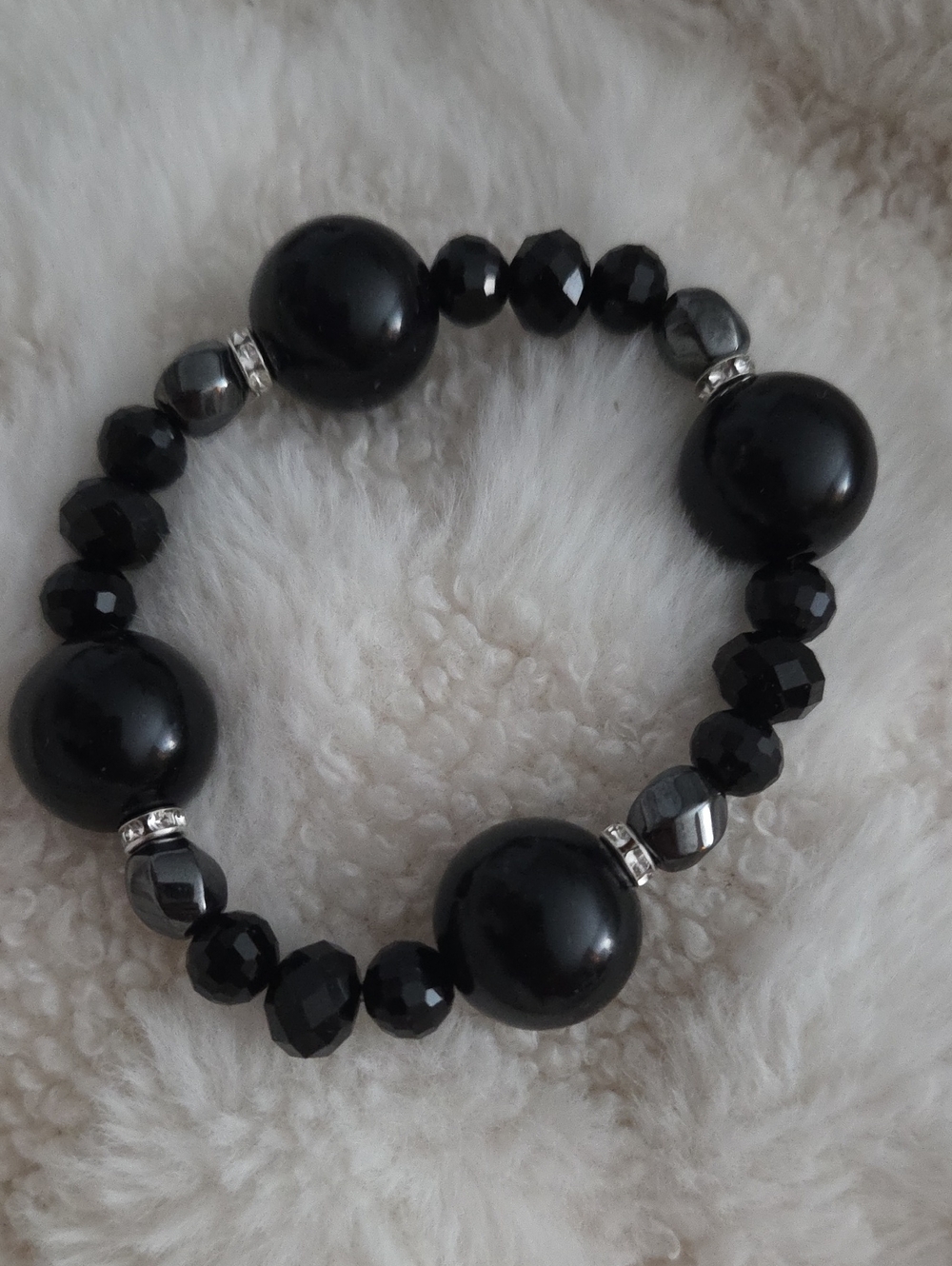 Black Beaded Stretch Bracelet with Rhinestone Accents